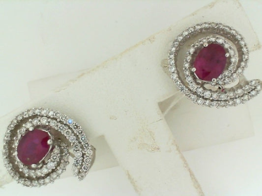 EFFY Designed 18kt White Gold Ruby & Diamond Omega Back Earrings.
