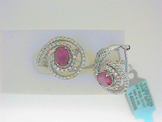 EFFY Designed 18kt White Gold Ruby & Diamond Omega Back Earrings.